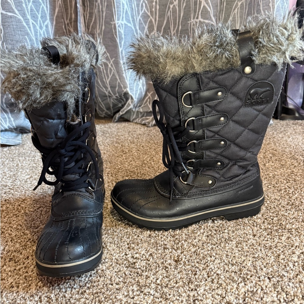 Sorel Tofino Quilted Black Faux Fur Winter Snow Boots Lace Up 9M LL 1846-011​